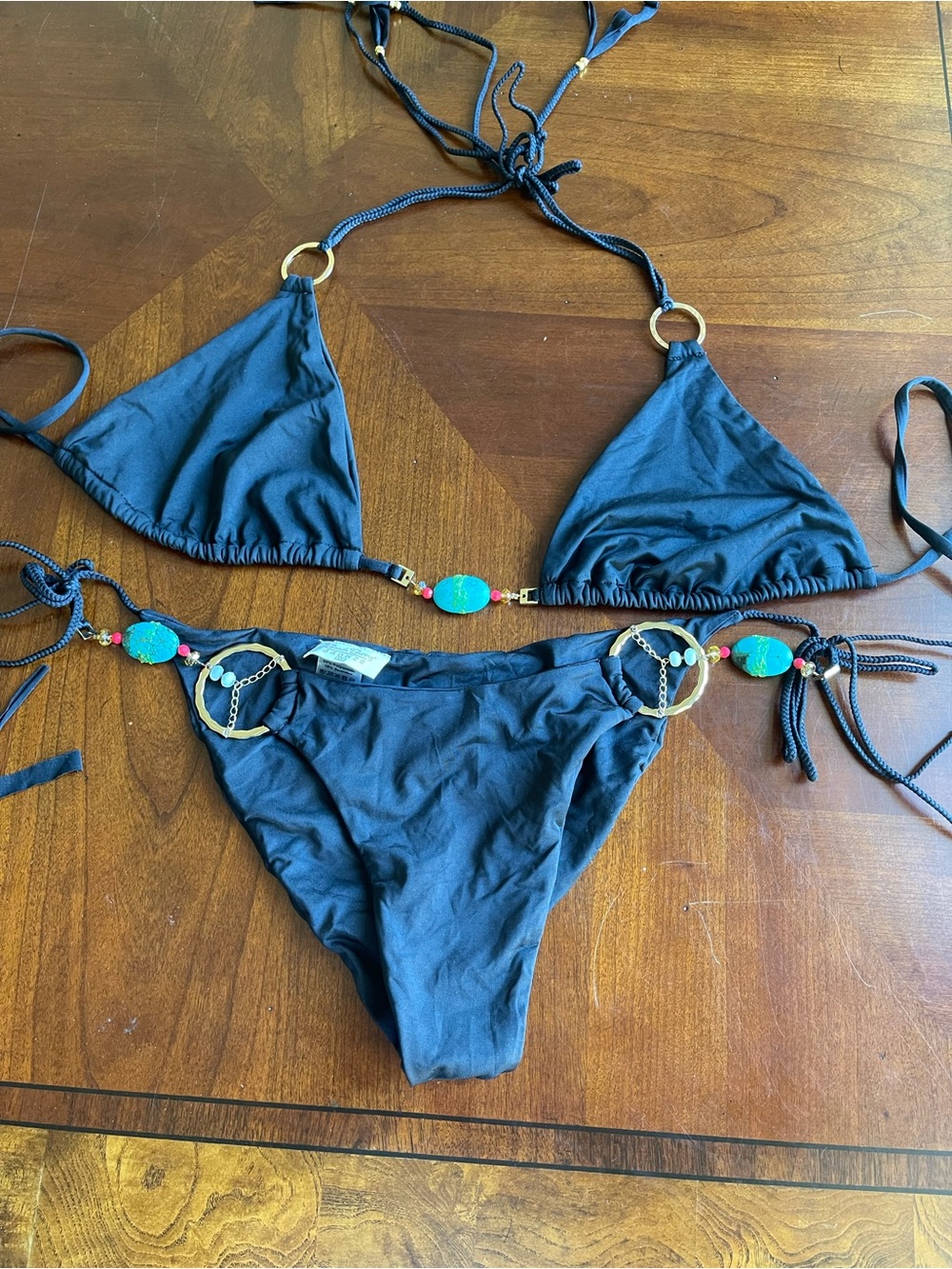 BEACH BUNNY bikini Black Triangle Bikini Set with Turquoise Accents size XL set - Picture 9 of 14